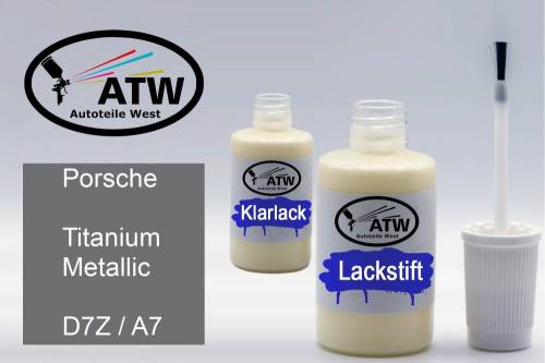 Porsche, Titanium Metallic, D7Z / A7: 20ml Lackstift + 20ml Klarlack - Set, von ATW Autoteile West.
